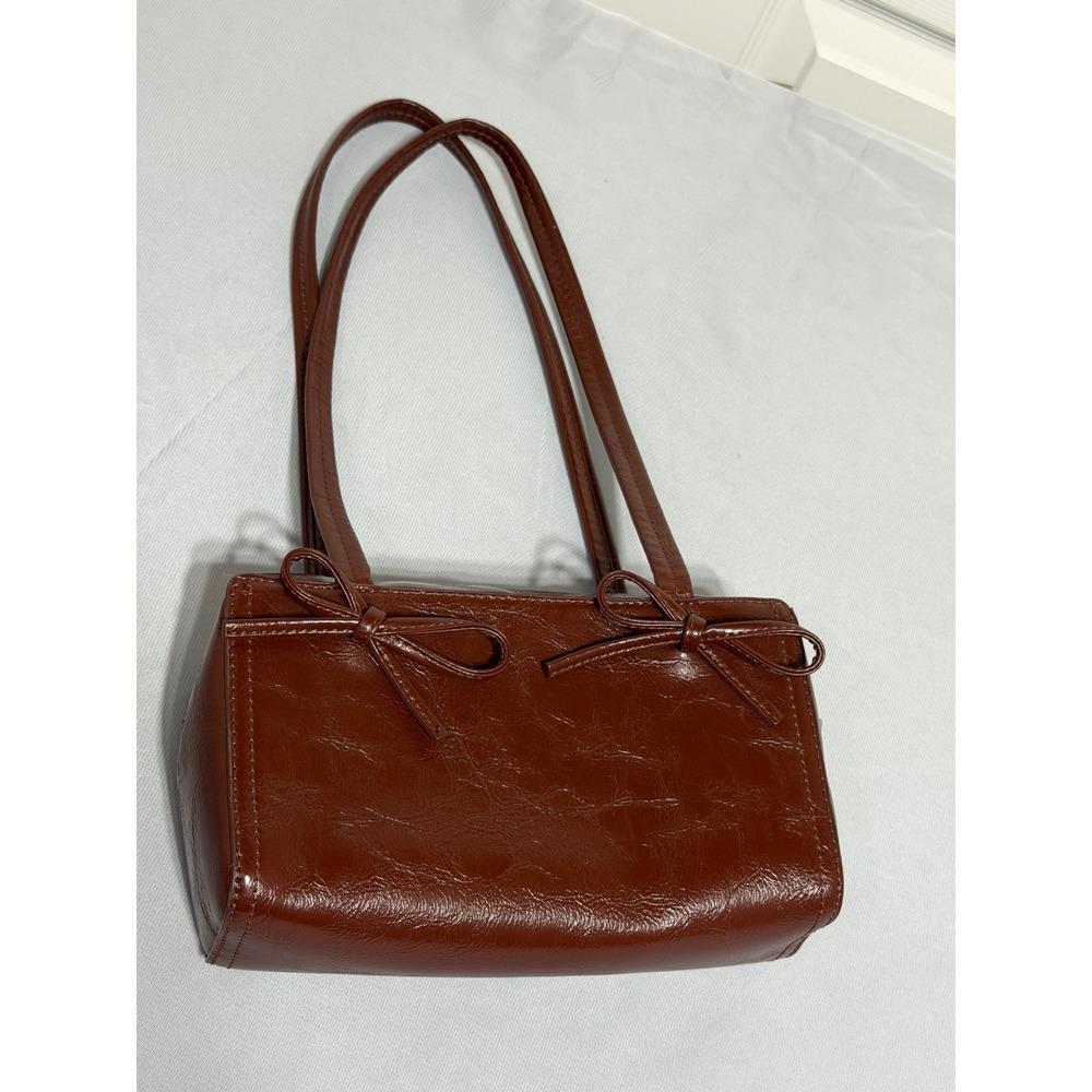 Kimchi Blue Brown Faux Leather Bow Shoulder Bag Glossy Baguette Purse Urban Outf